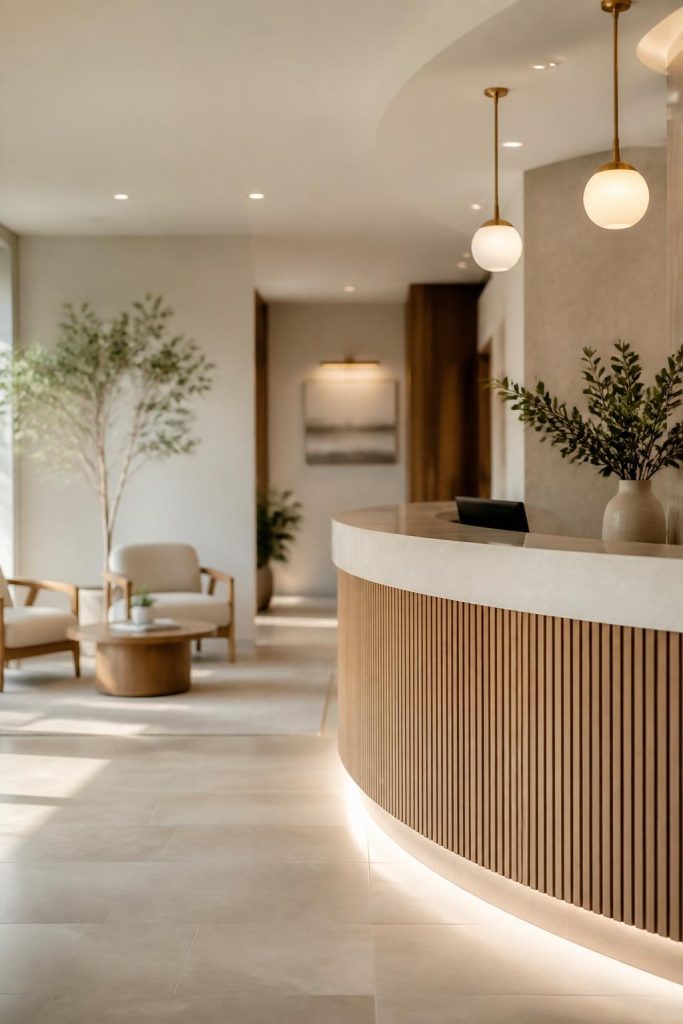 Warm reception area with soft seating and a polished welcome desk.